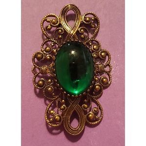 vintage green glass and bronze brooch